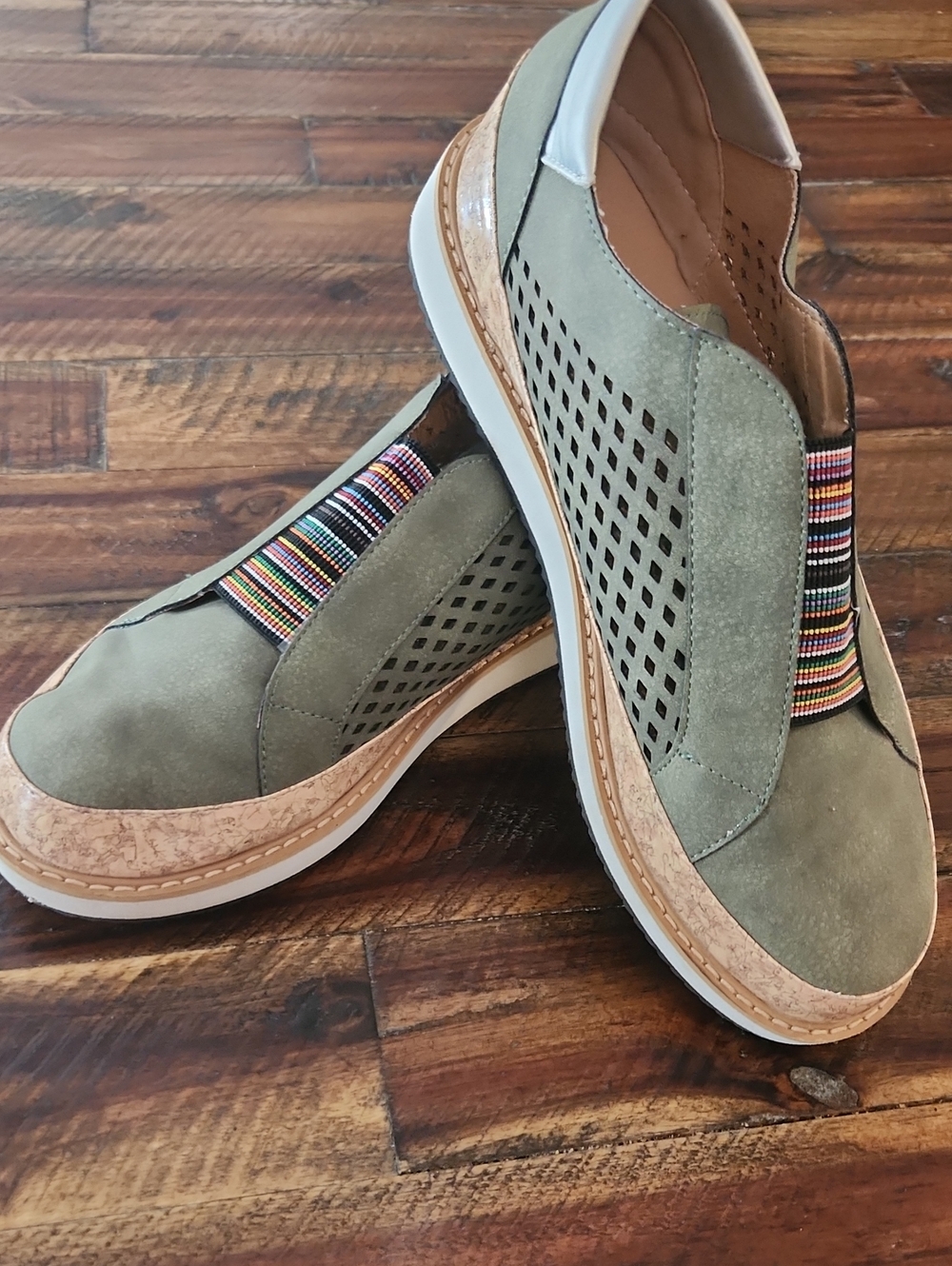 Women's Olive Green Slip-On Casual Sneakers with Multicolor Elastic